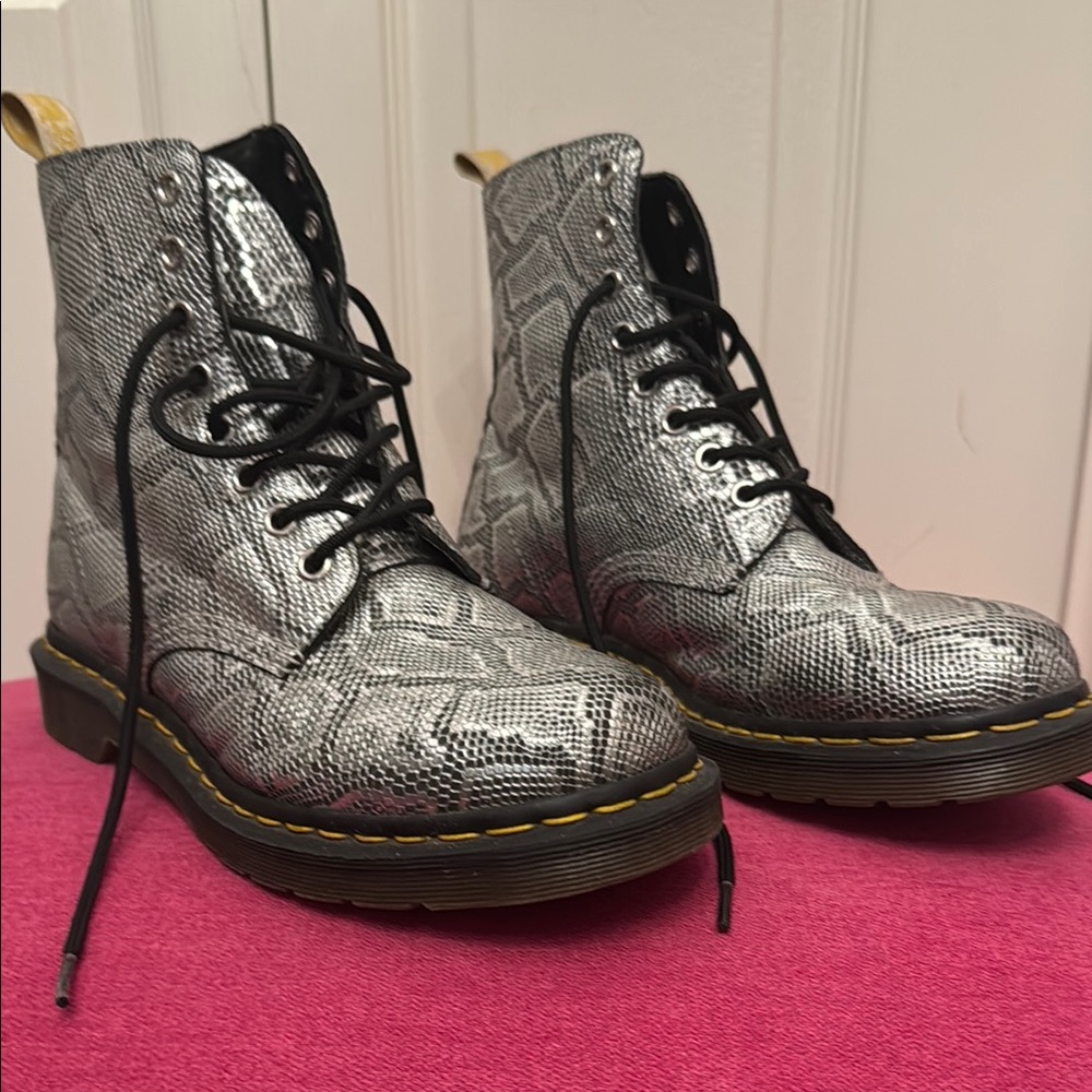 Dr. Martens Silver Combat Boots with Textured Finish